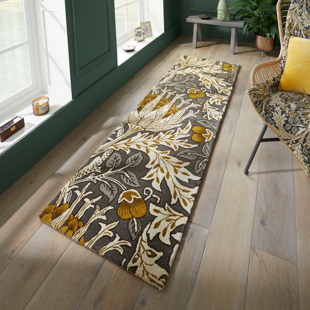 Artichoke Runner Rugs 127105 in Charcoal Mustard By William Morris